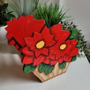 Vintage Wood Hand Painted Handmade Poinsettia Basket Christmas